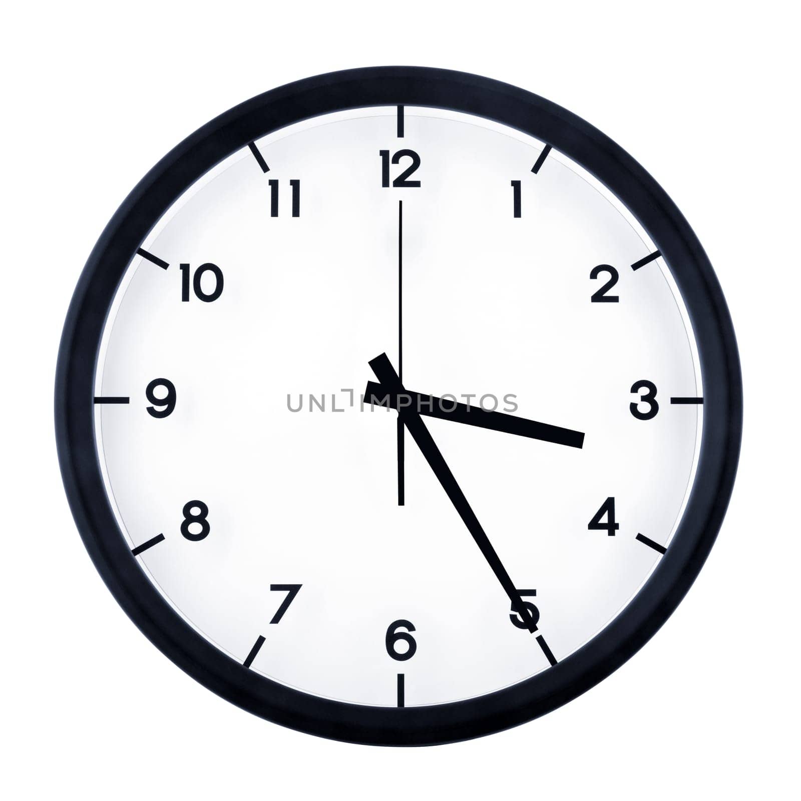 Classic analog clock pointing at three twenty five, isolated on white background.