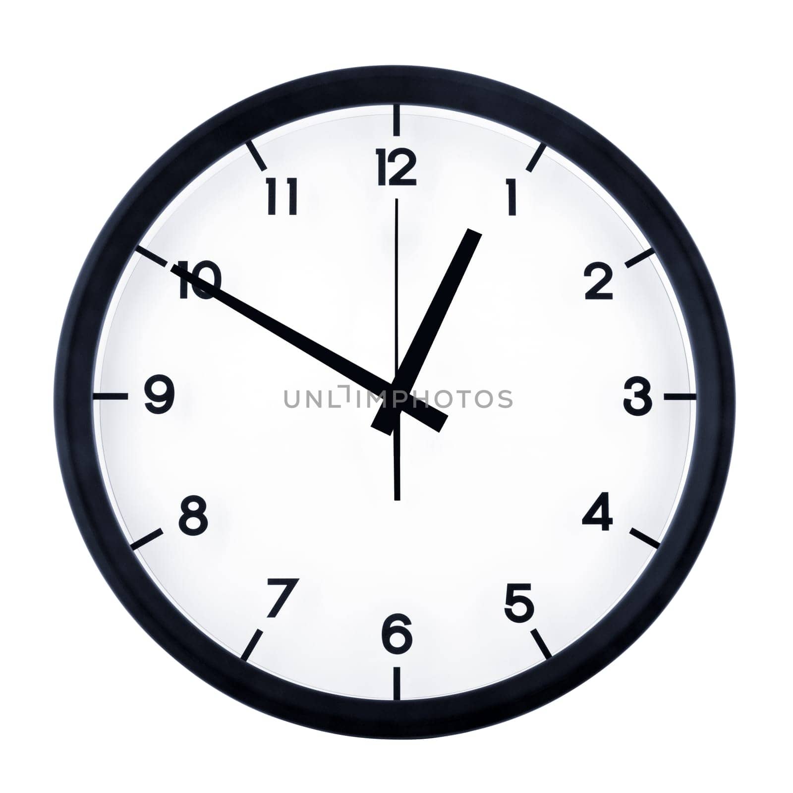 Classic analog clock pointing at twelve fifty, isolated on white background.
