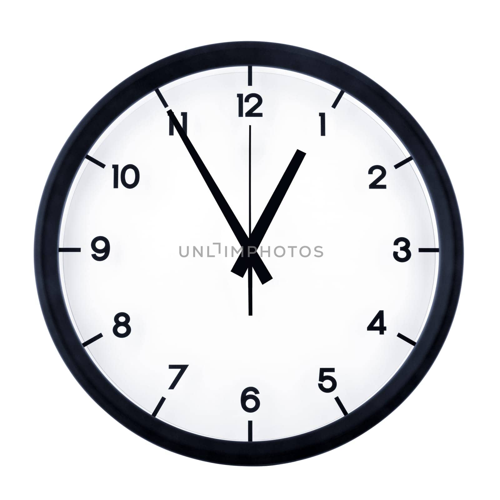 Classic analog clock pointing at twelve fifty five, isolated on white background.