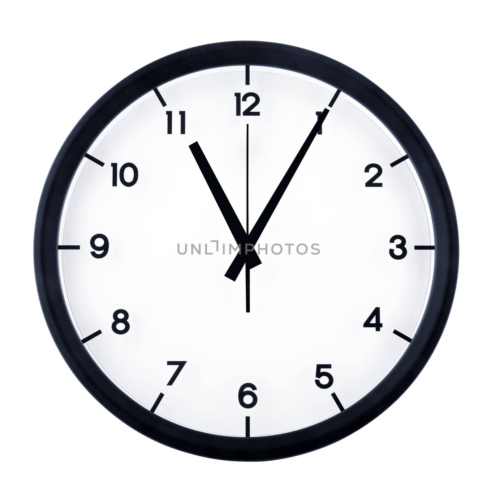 Classic analog clock pointing at eleven O five, isolated on white background.