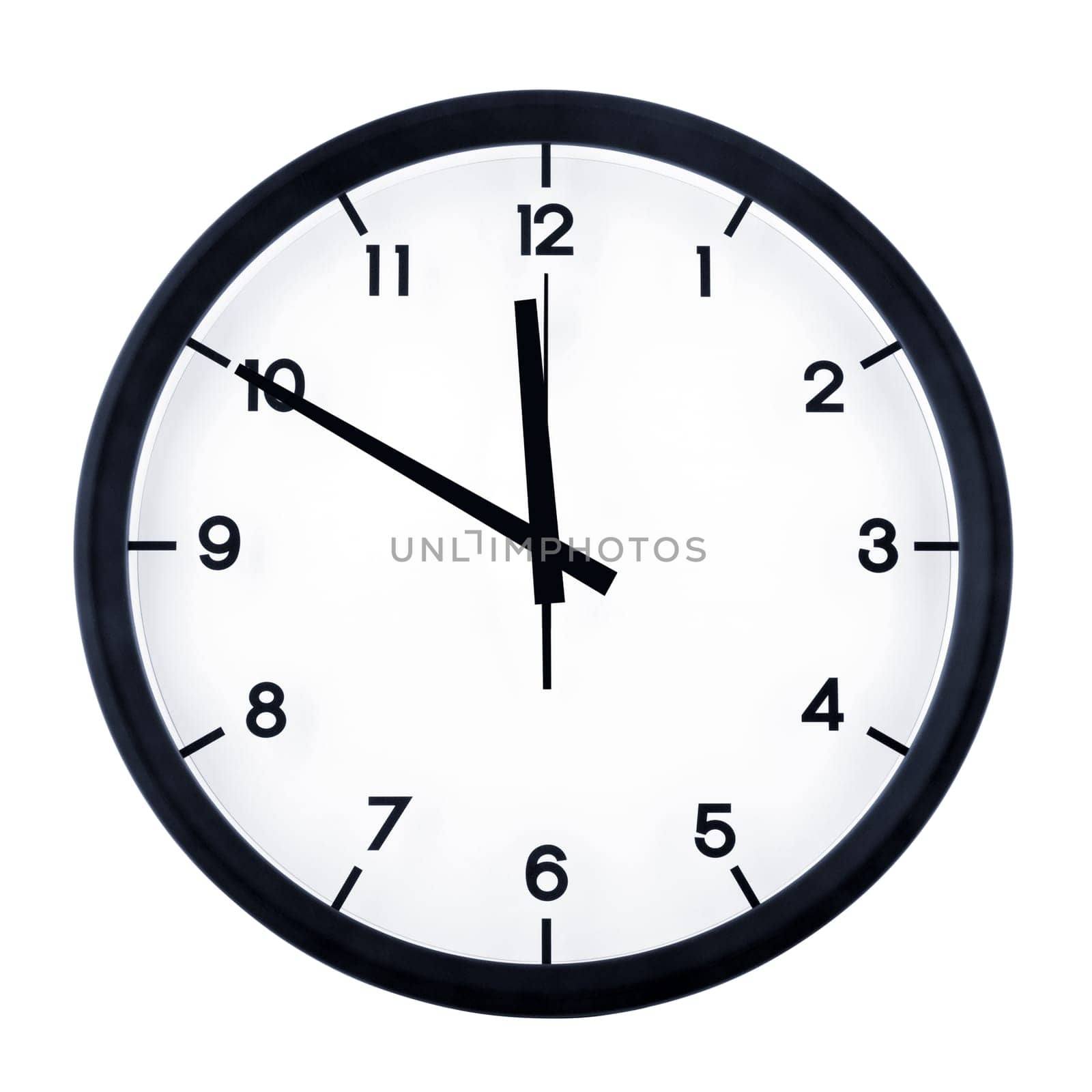 Classic analog clock pointing at eleven fifty, isolated on white background.