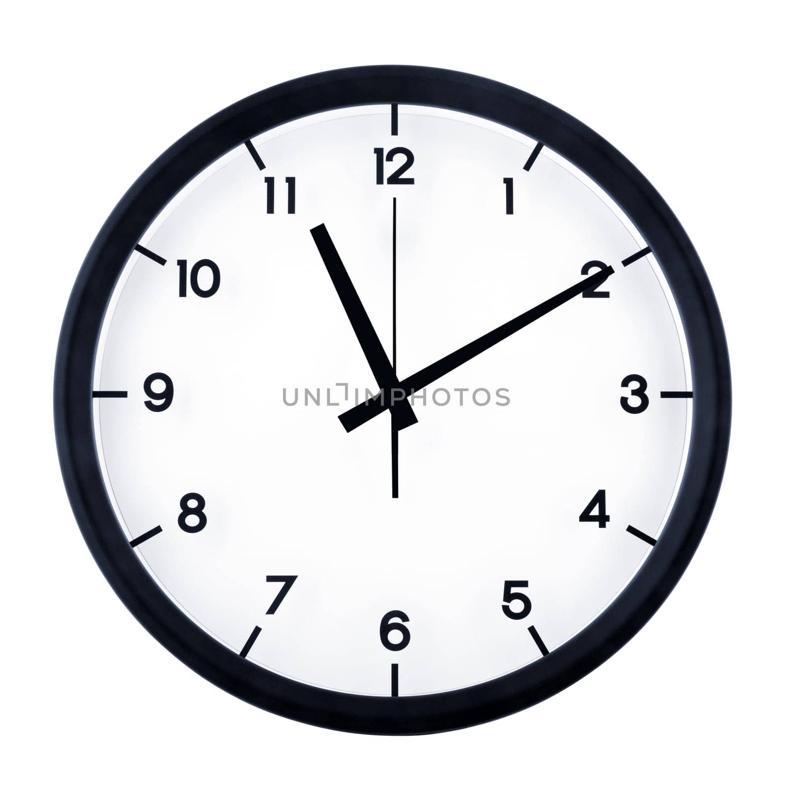 Classic analog clock pointing at eleven ten, isolated on white background.