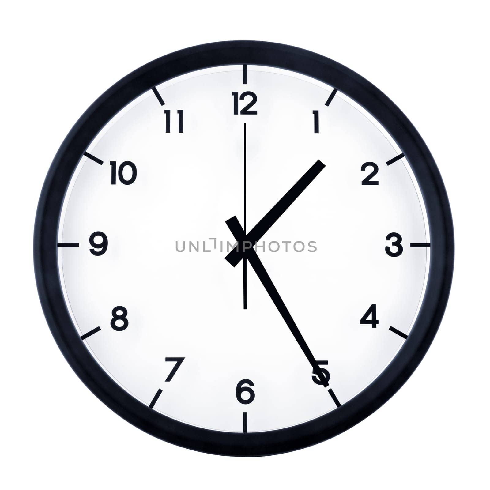 Classic analog clock pointing at one twenty five, isolated on white background.