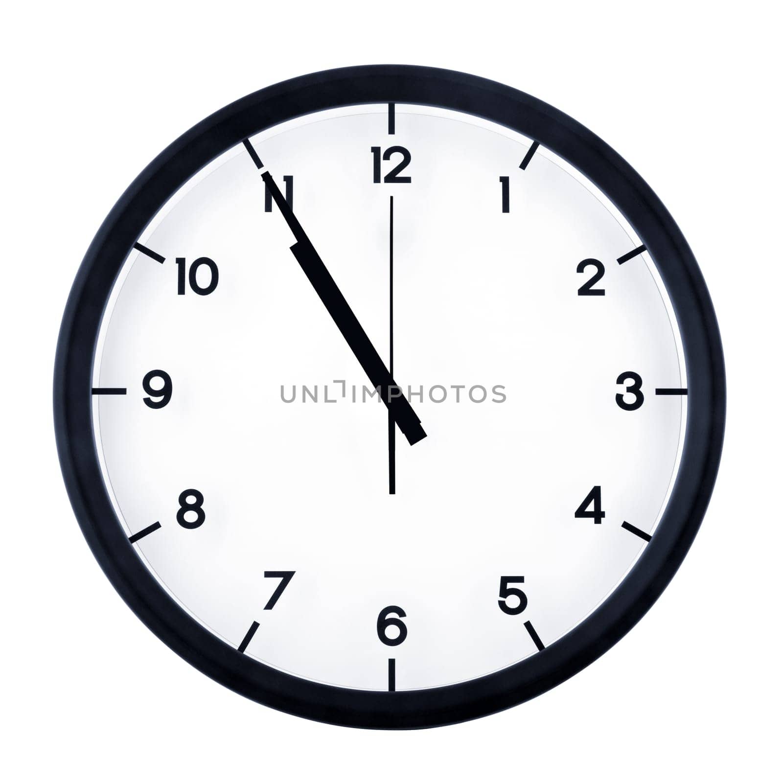Classic analog clock pointing at ten fifty five, isolated on white background.