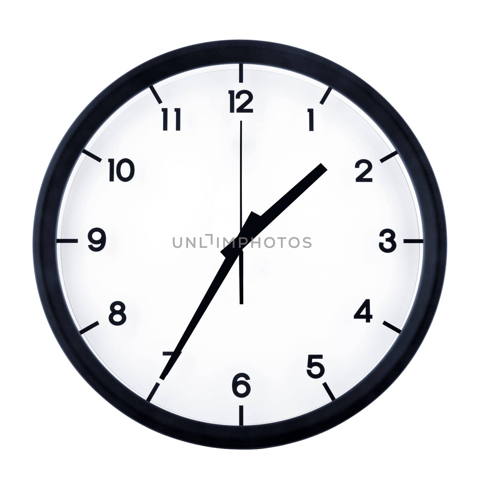 Classic analog clock pointing at one thirty five, isolated on white background.