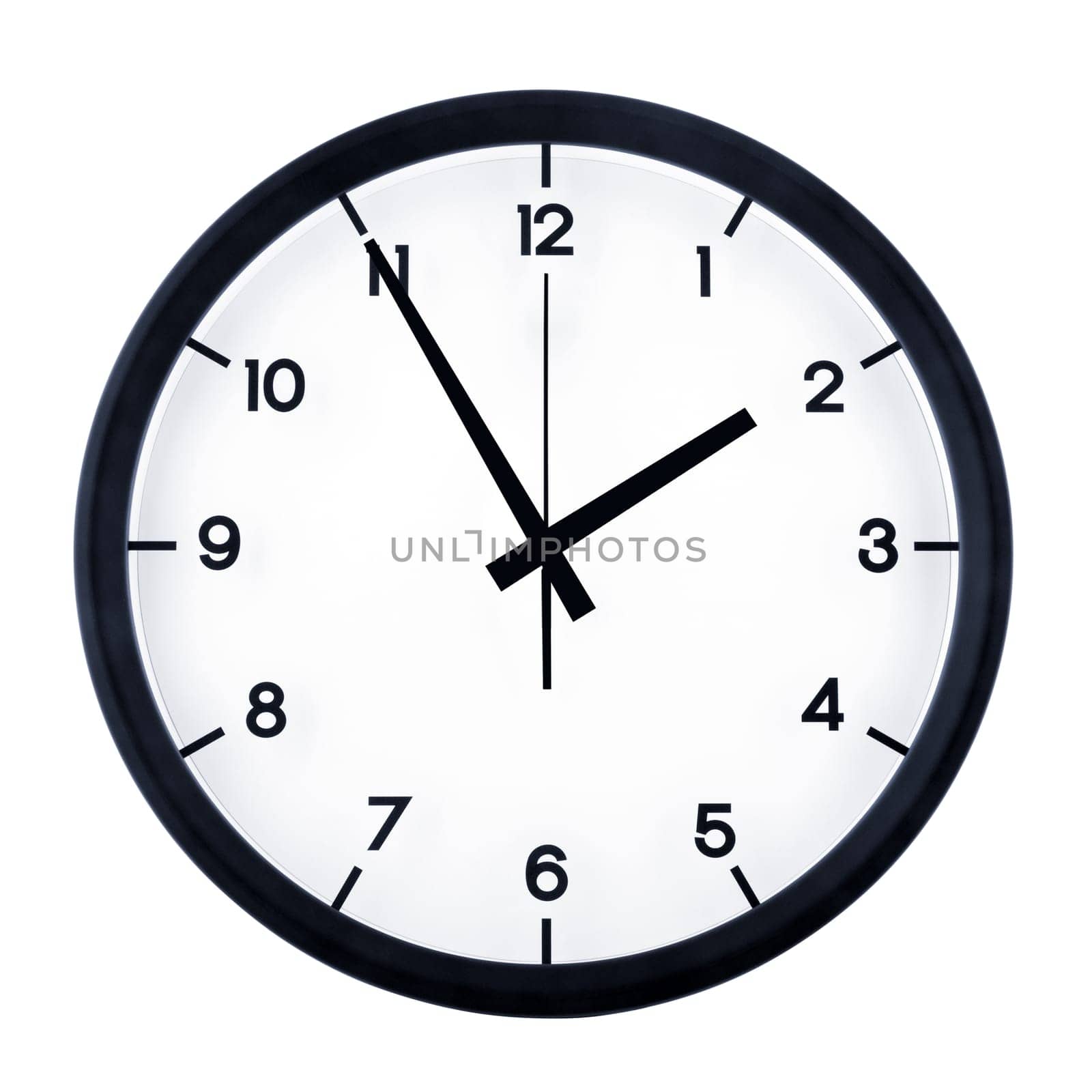 Classic analog clock pointing at one fifty five, isolated on white background.