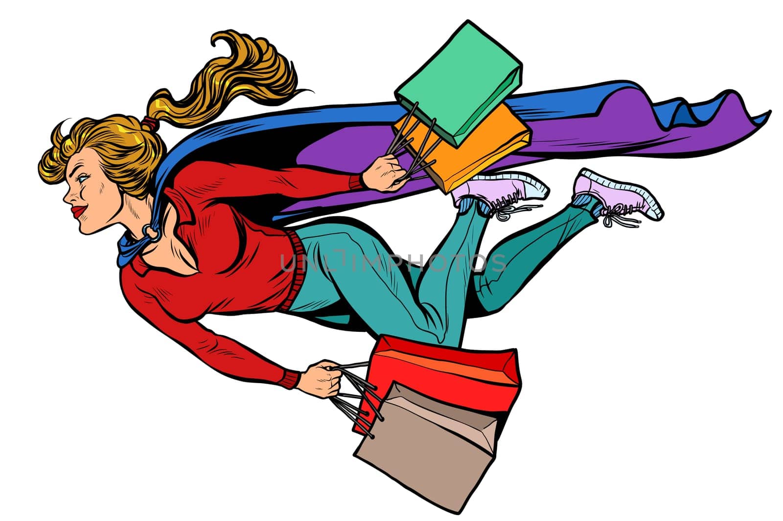 superhero woman flying with shopping. sales and discounts in stores. pop art retro vector illustration kitsch vintage drawing 50s 60s