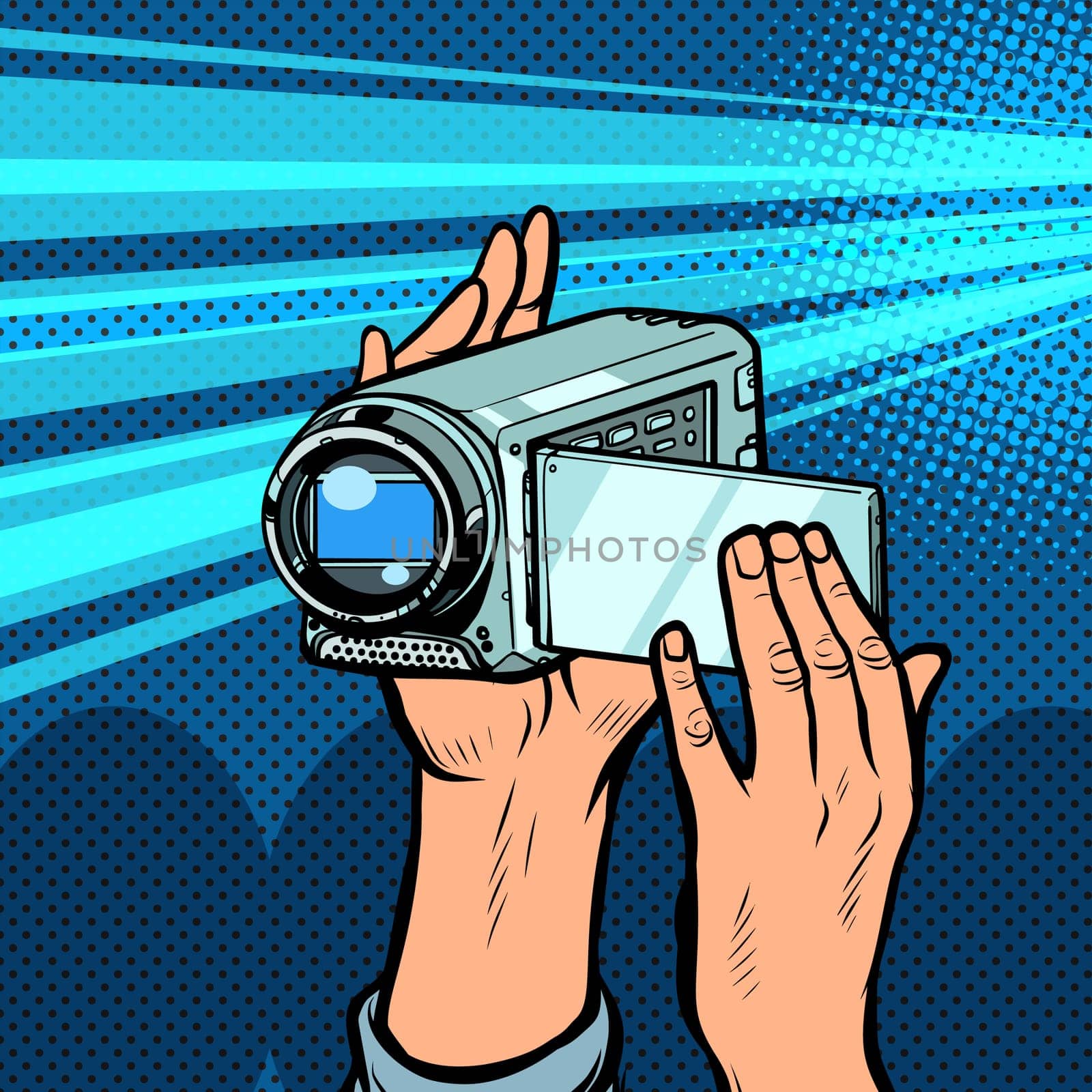 portable hand-held video camera. Pop art retro vector illustration kitsch vintage 50s 60s