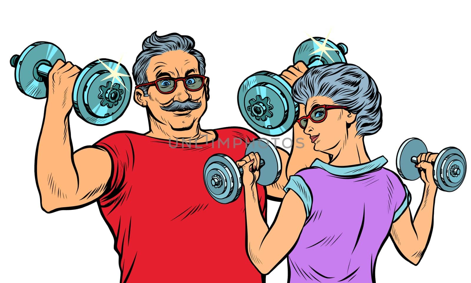 Grandparents do sports, fitness dumbbells. Pop art retro vector illustration drawing vintage kitsch