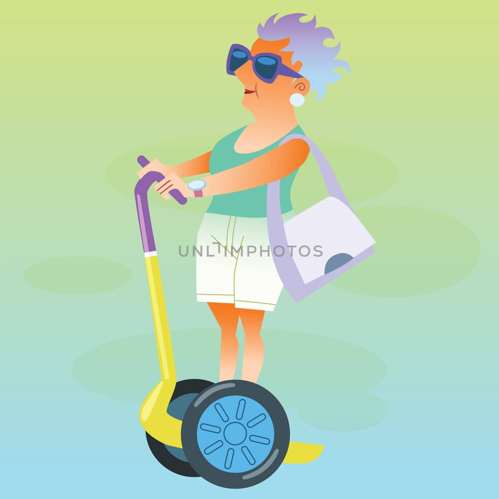 The theme of travel and vacation. the woman retired rides an electric scooter