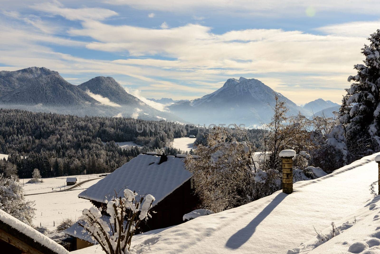 Winter landscape with mountains and a few cottages