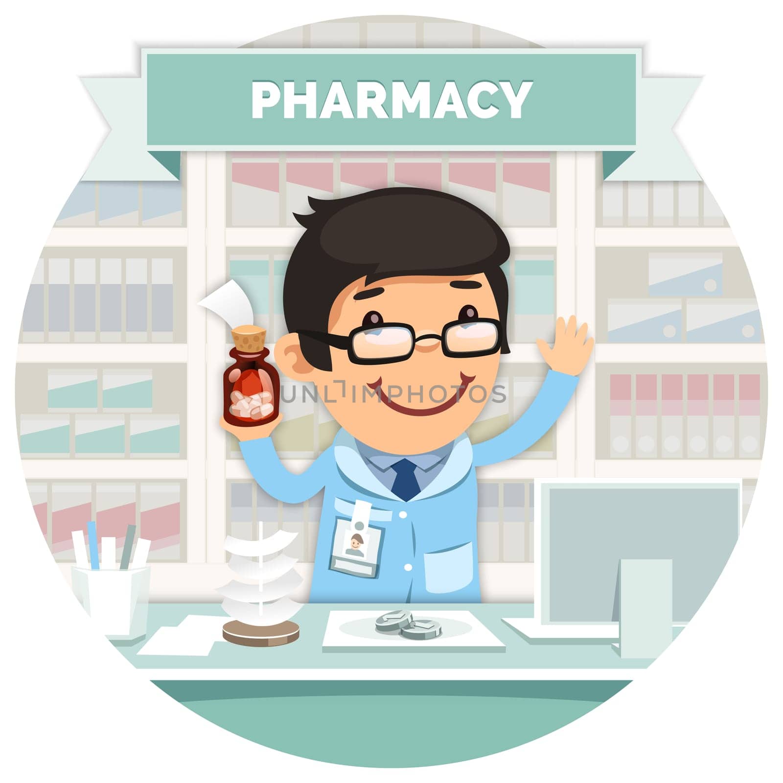 Apothecary behind the Counter at the Pharmacy Round Banner. Isolated on White Background. Clipping paths included in additional jpg format