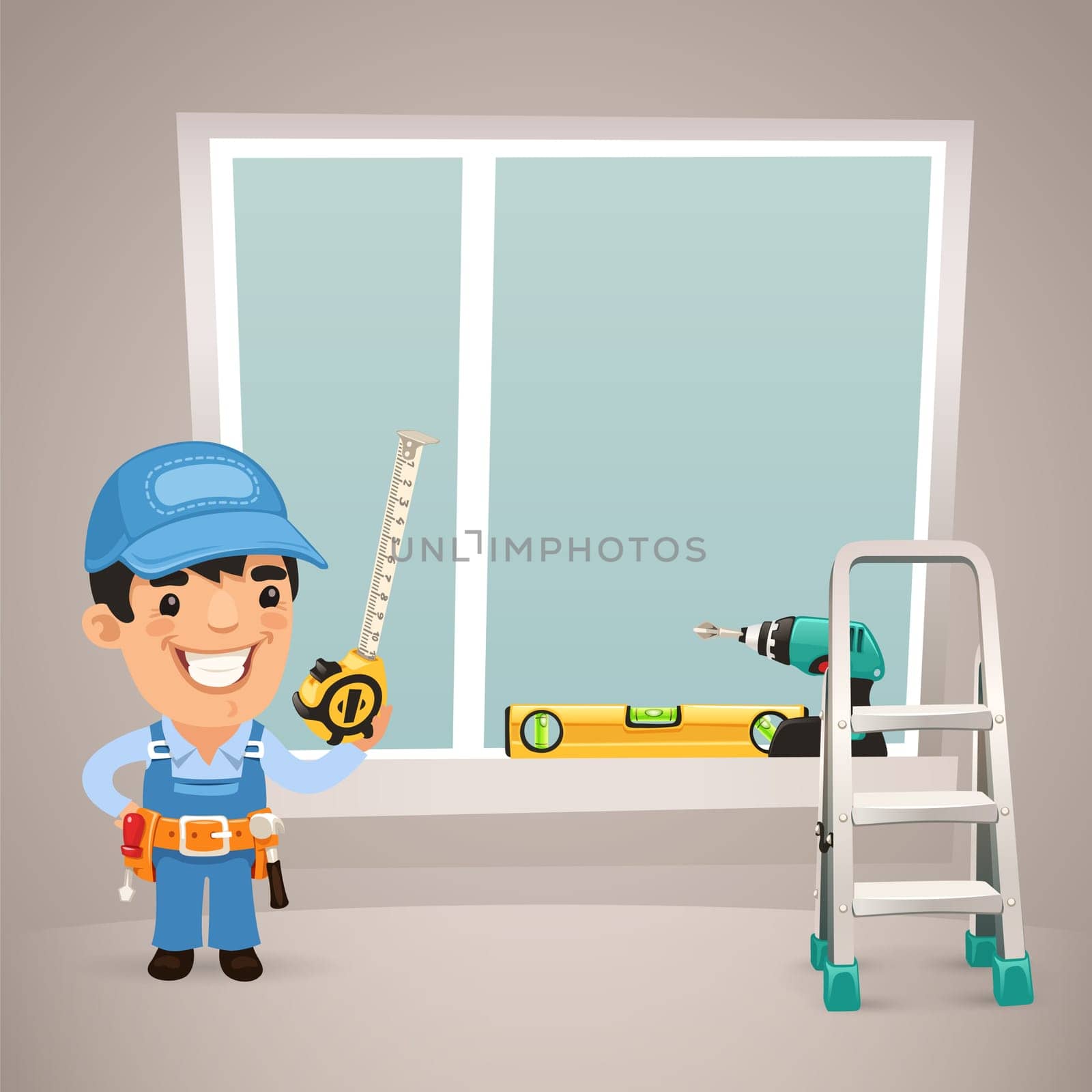 Worker Is Installing the Window. In the EPS file, each element is grouped separately. Clipping paths included in additional jpg format.