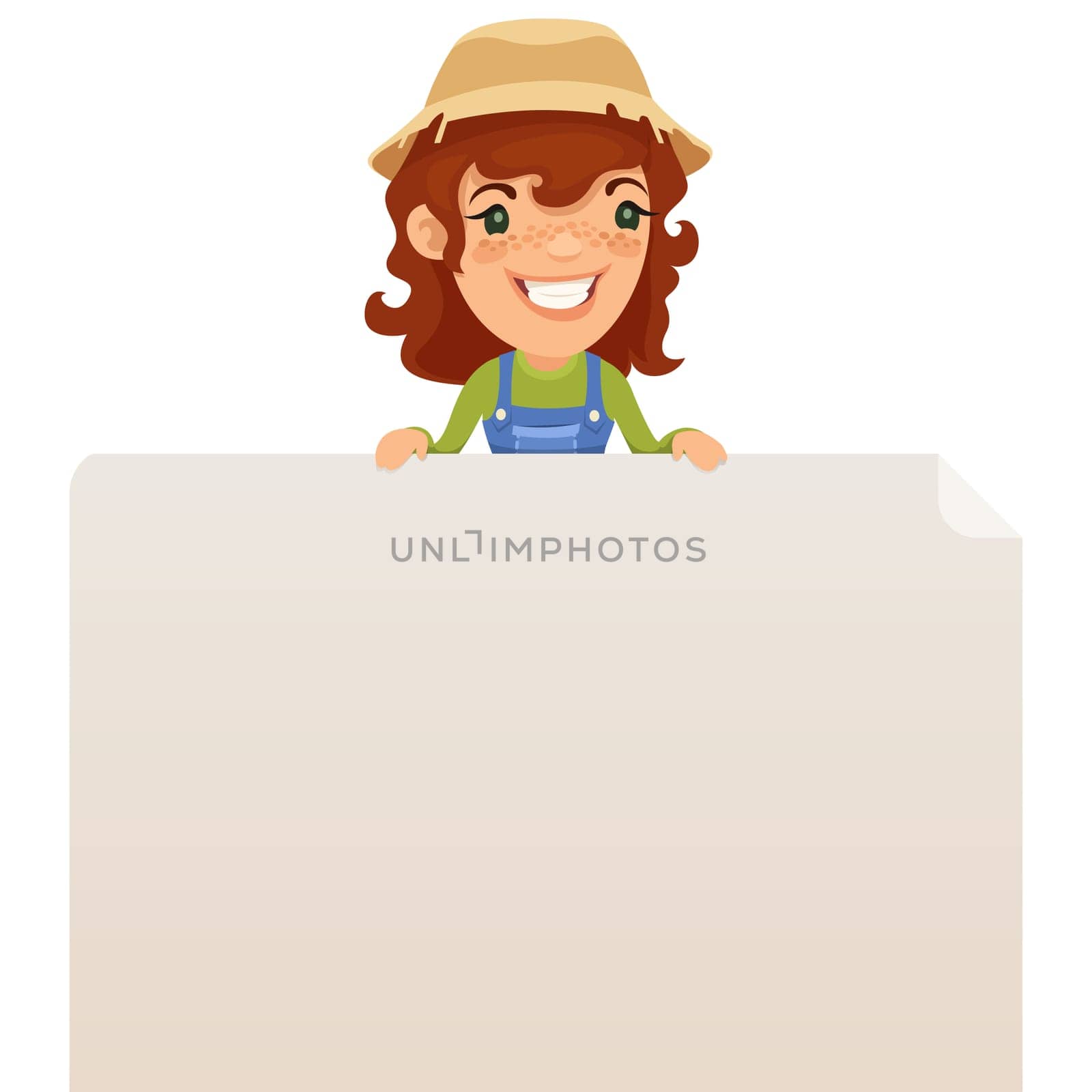 Female Farmer looking at Blank Poster on Top. In the EPS file, each element is grouped separately. Isolated on white background. JPG with paths.