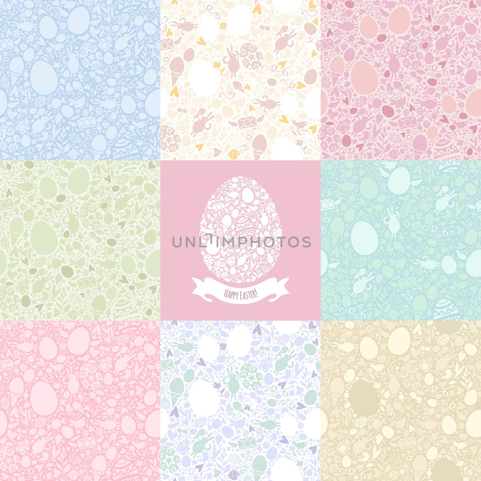 Eight Versions Easter Seamless Pattern in Pastel Shades. Easter symbols Shapes. Five editable additional versions pattern in swatches.