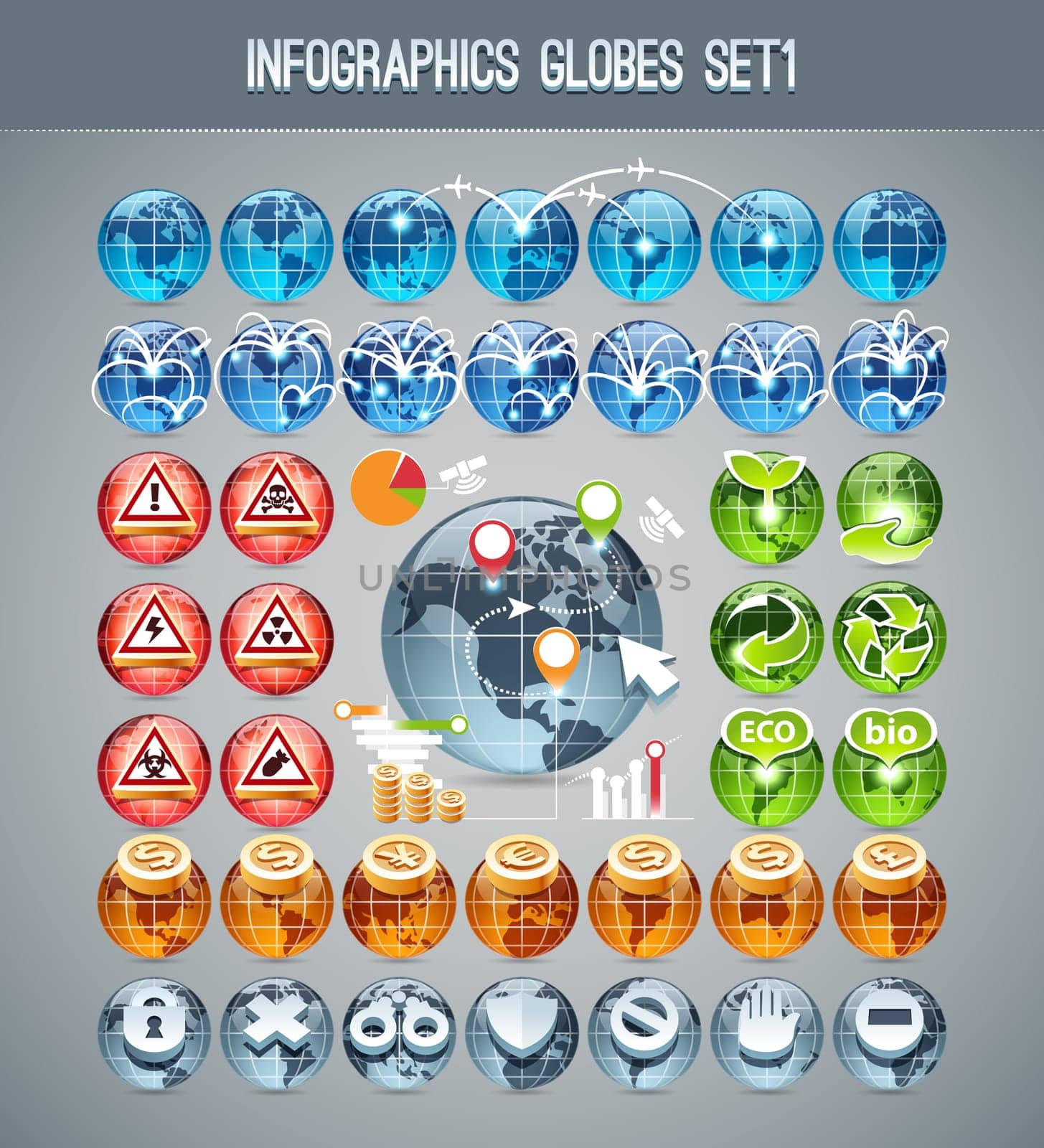 Infographics Globes Set1. In the EPS file, each element is grouped separately.