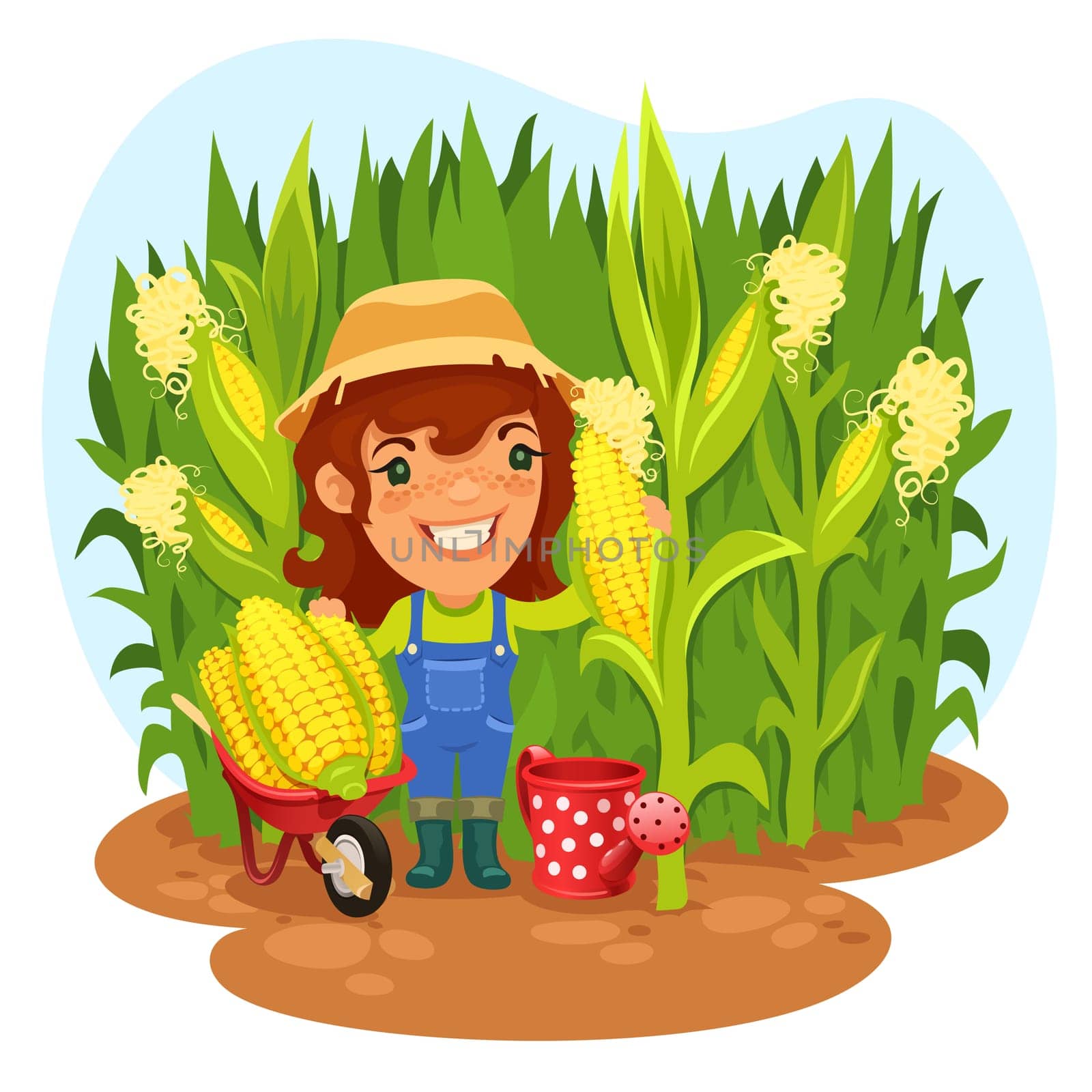 Harvesting Female Farmer In a Cornfield. In the EPS file, each element is grouped separately. Clipping paths included in additional jpg format.