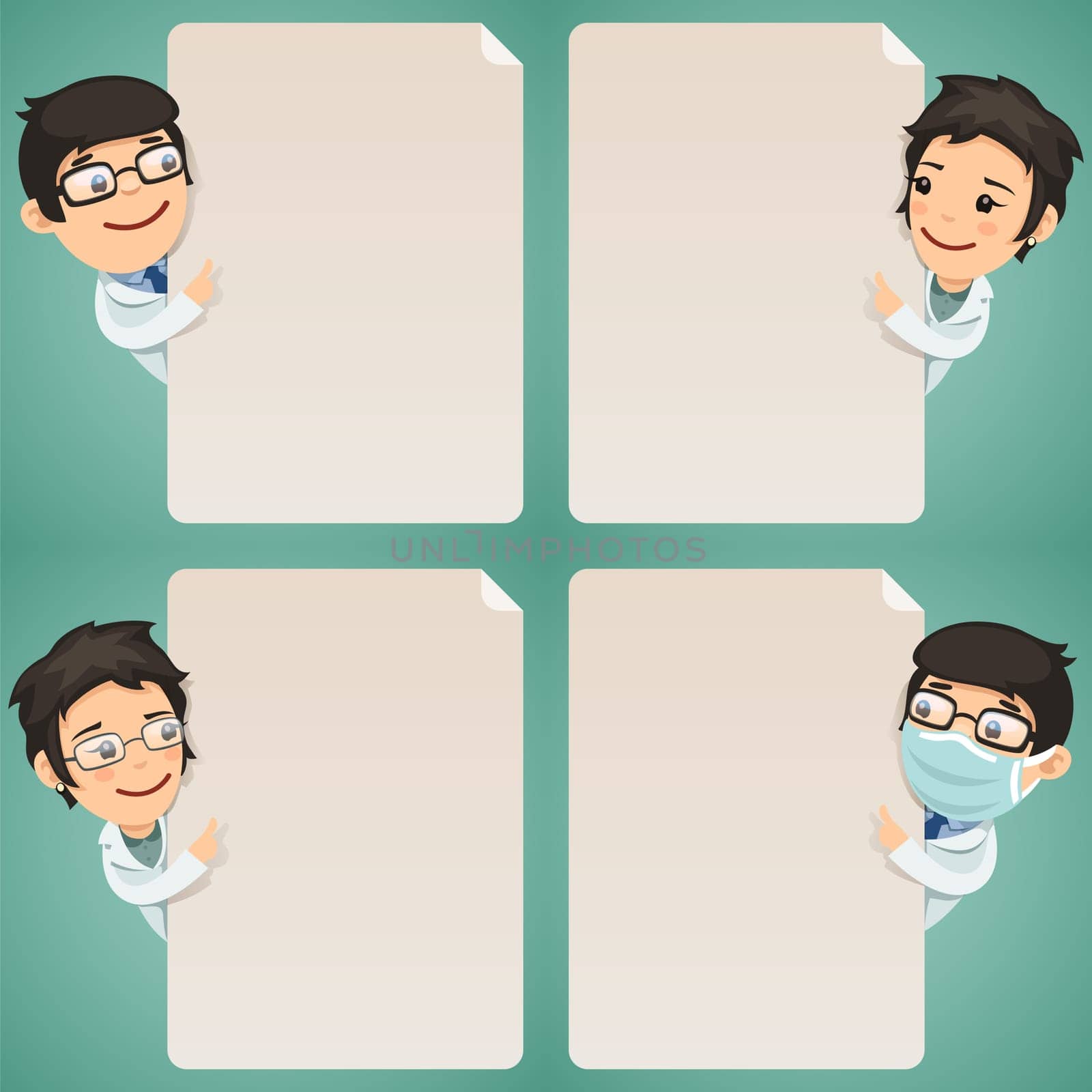 Doctors Cartoon Characters Looking at Blank Poster Set. In the EPS file, each element is grouped separately. Clipping paths included in additional jpg format.