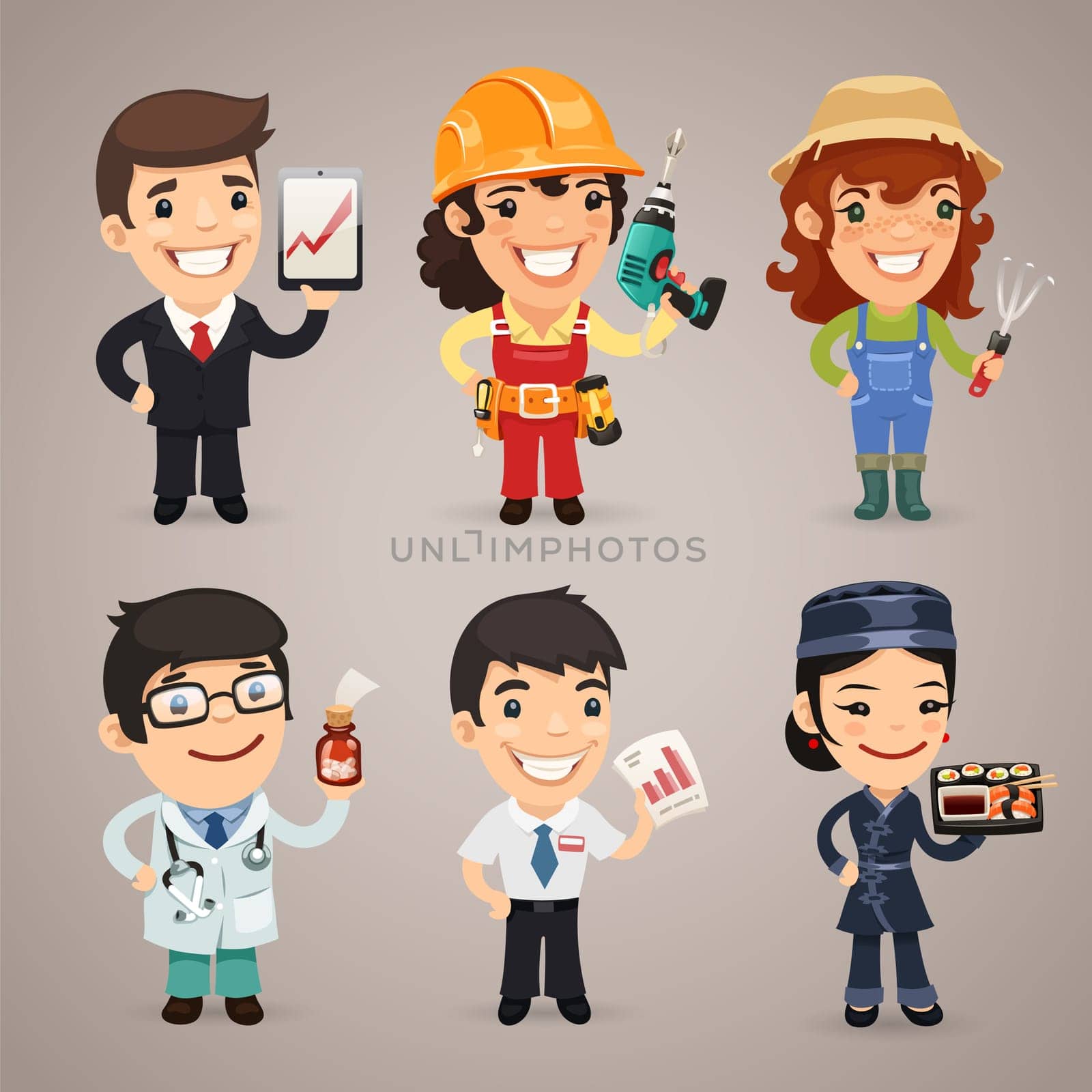 Professions Cartoon Characters Set1.1 In the EPS file, each element is grouped separately. Clipping paths included in additional jpg format.