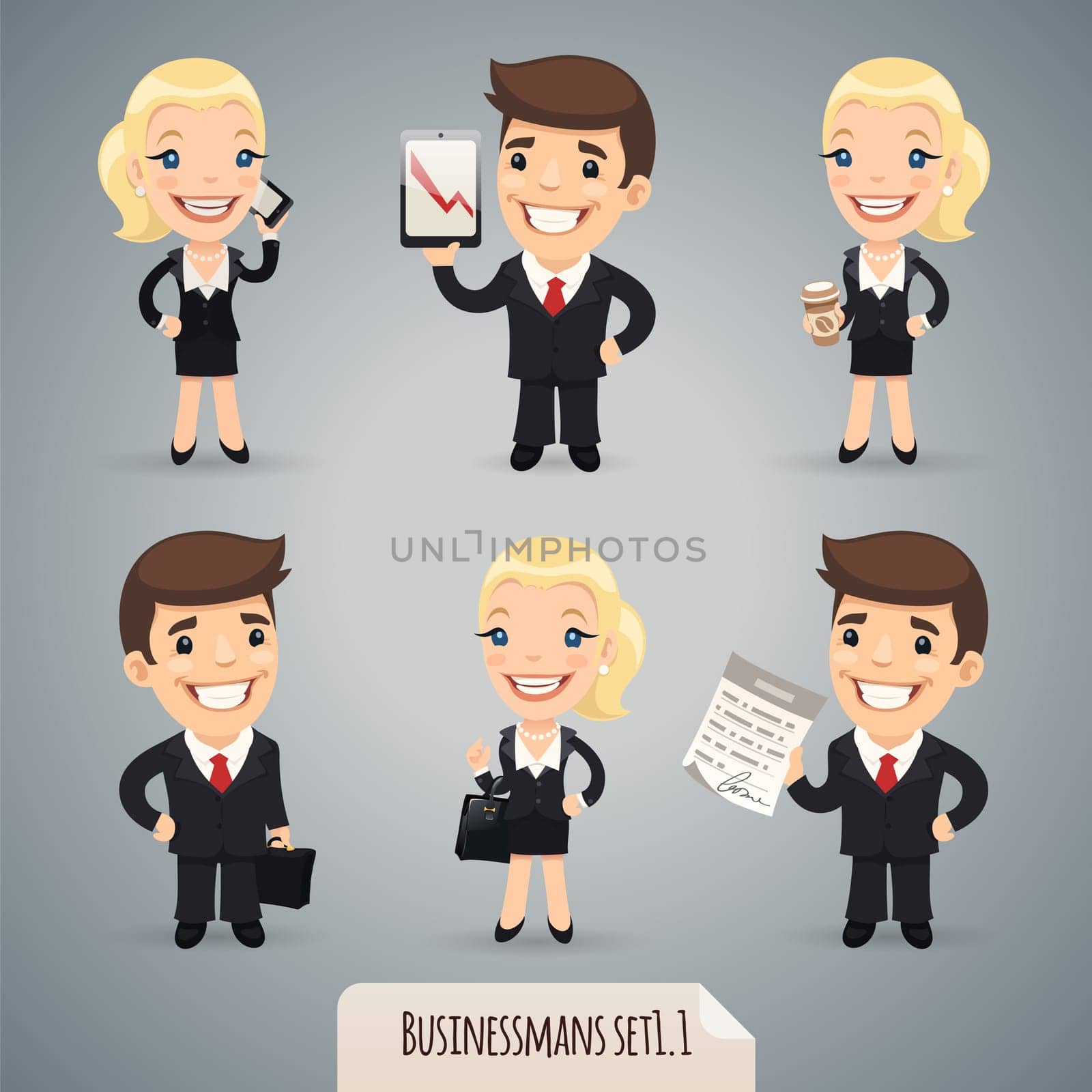 Businessmans Cartoon Characters Set1.1 In the EPS file, each element is grouped separately. Clipping paths included in additional jpg format.