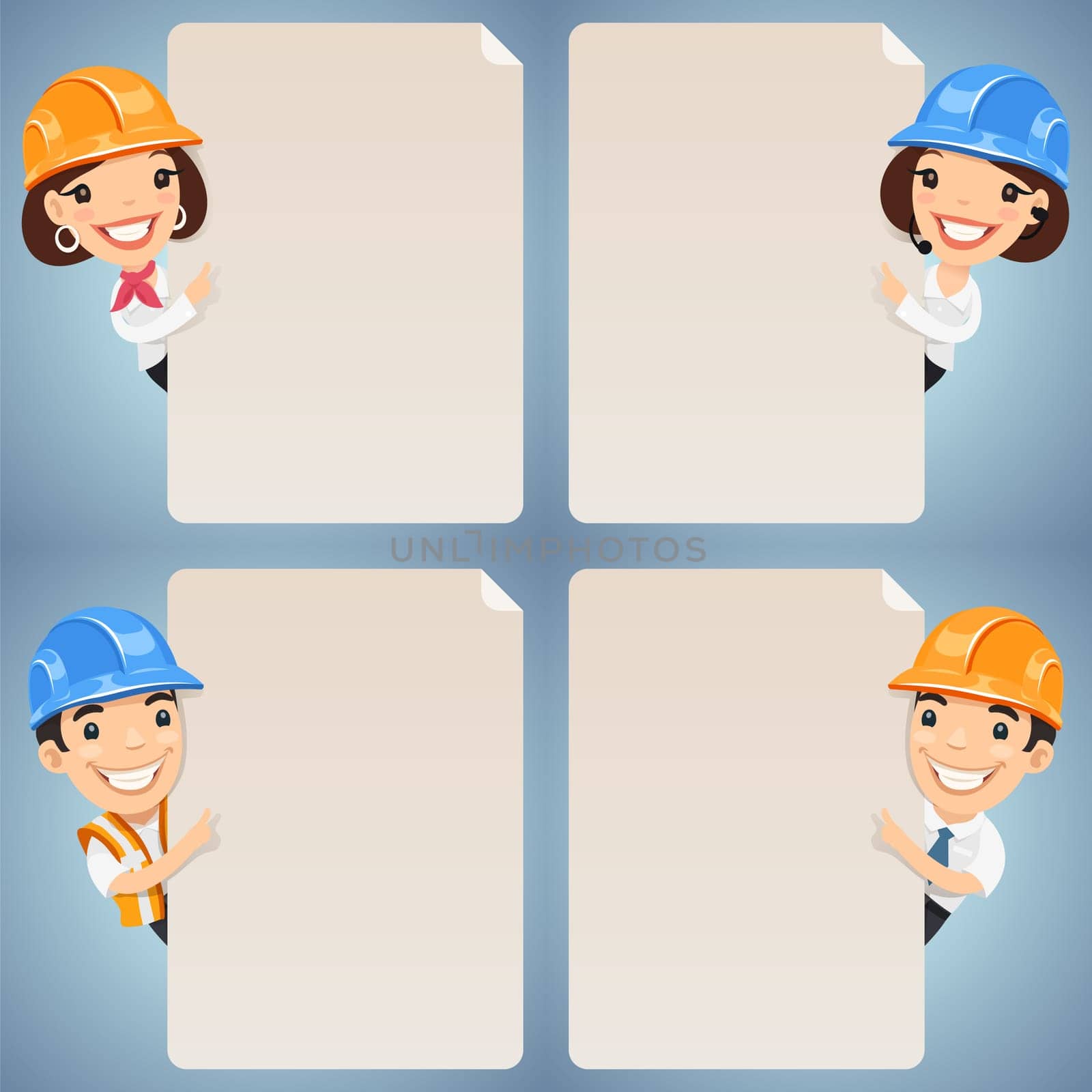 Foremen Cartoon Characters Looking at Blank Poster Set. In the EPS file, each element is grouped separately. Clipping paths included in additional jpg format.