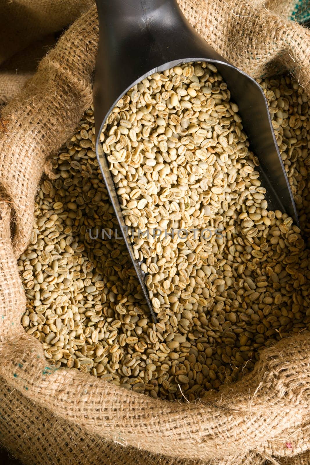 a big metal scoop in the raw coffee seeds
