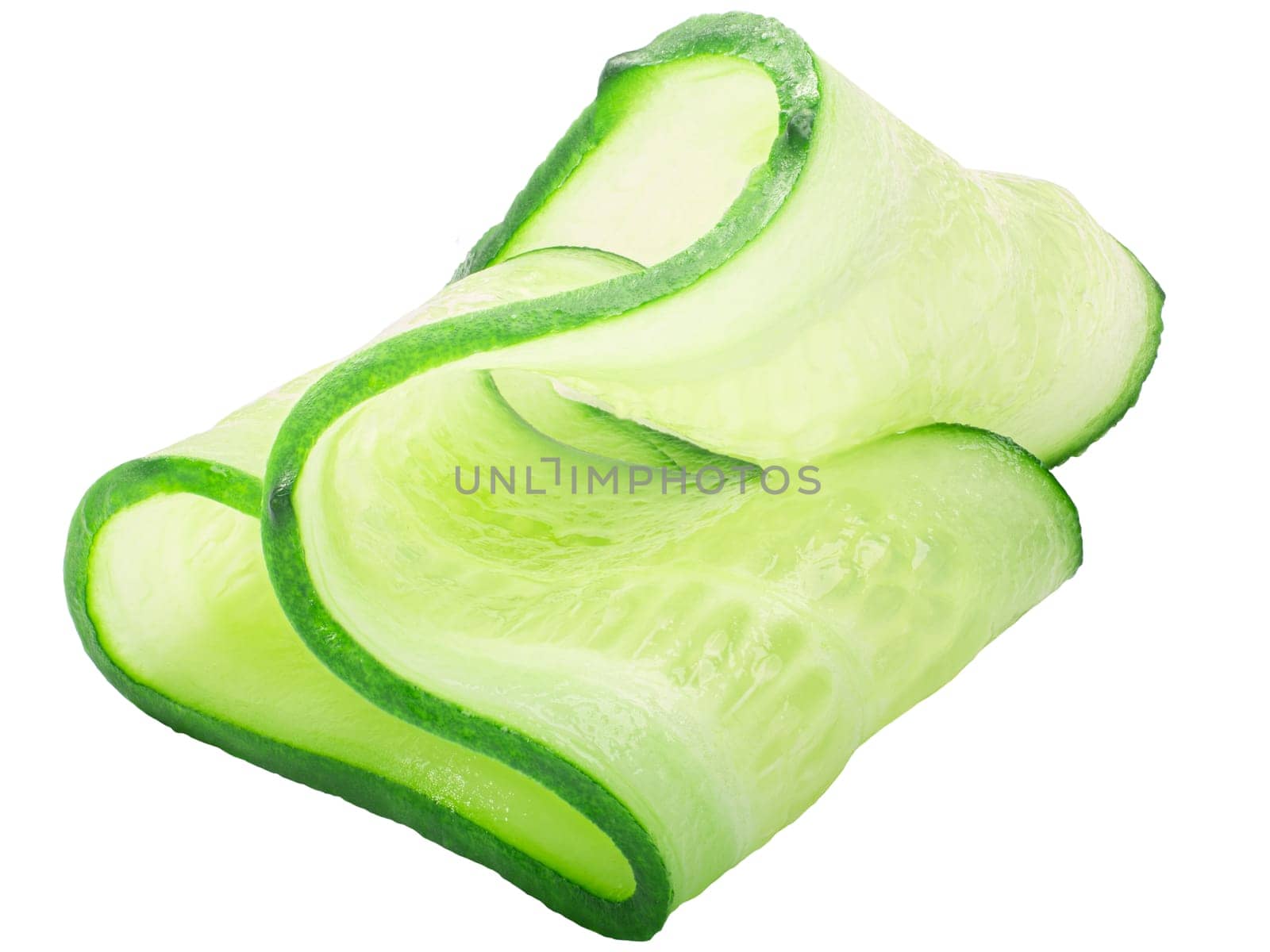 Cucumber curl, rolled up slice or shaving, isolated