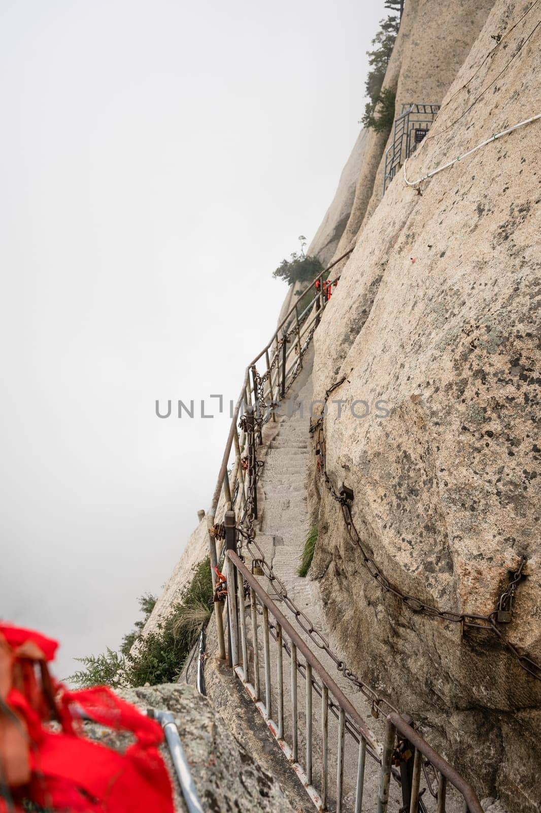 Dangerous and perilous Plank Walk trail closed for public access due to bad weather conditions, Huashan mountain, Xian, Shaanxi Province, China