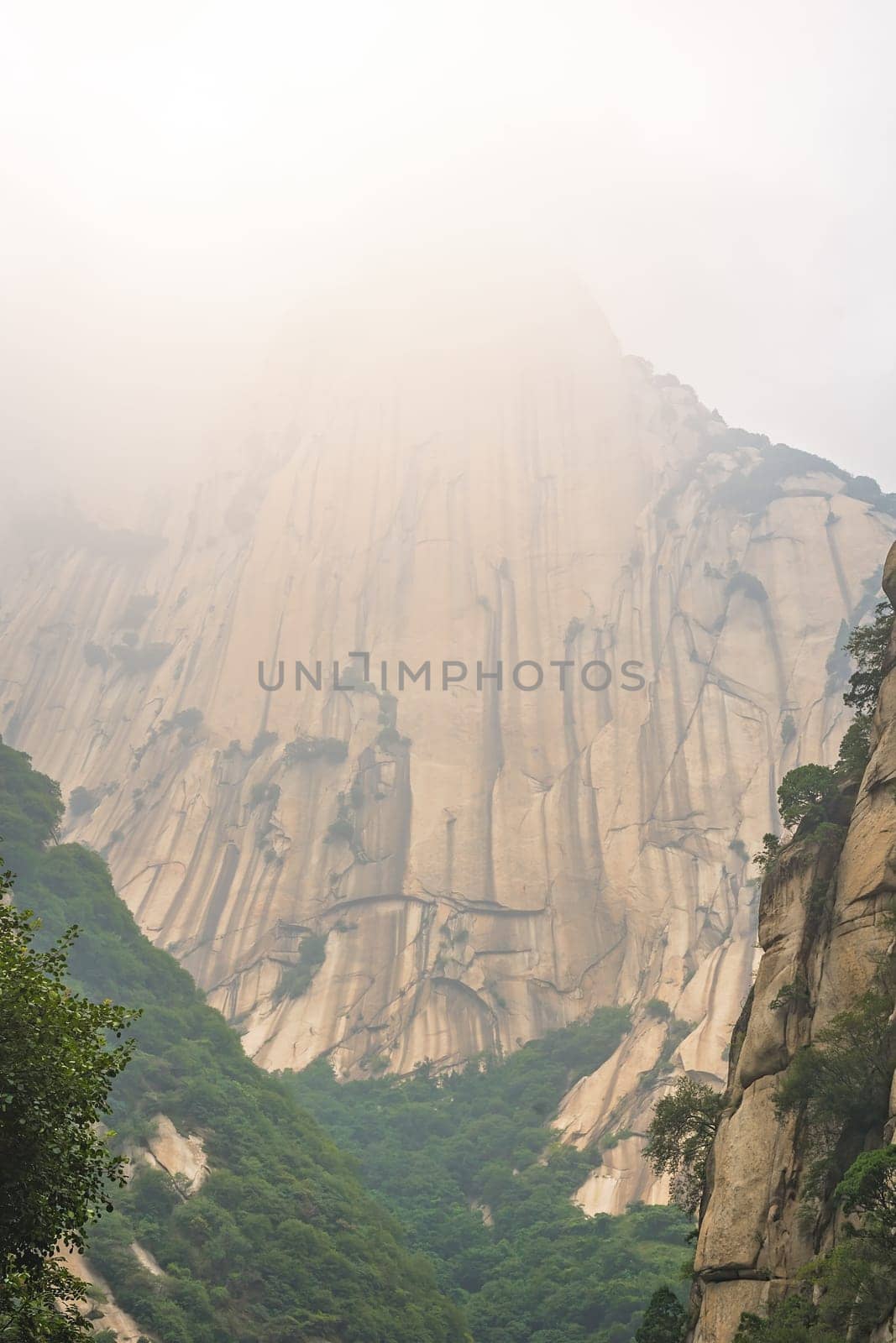 Vertical hillside of the inspiring, sacred and majestic Huashan mountain, famous tourist attractions, Shaanxi province, China