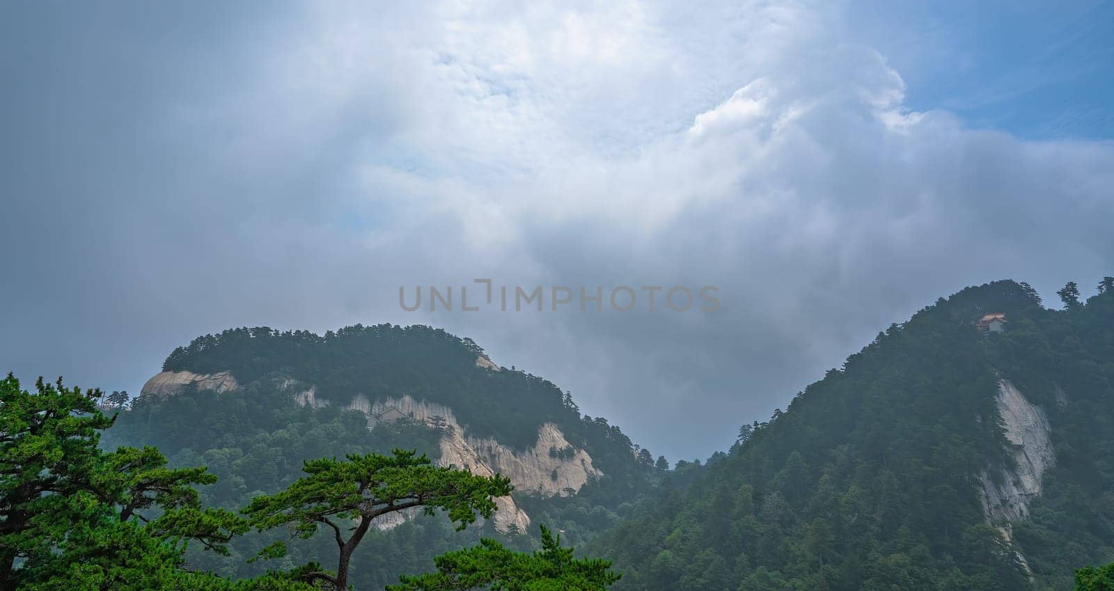 Panoramic view from the West Peak summit of the inspiring, sacred and majestic Hua shan mountain, famous tourist attraction, Shaanxi province, China