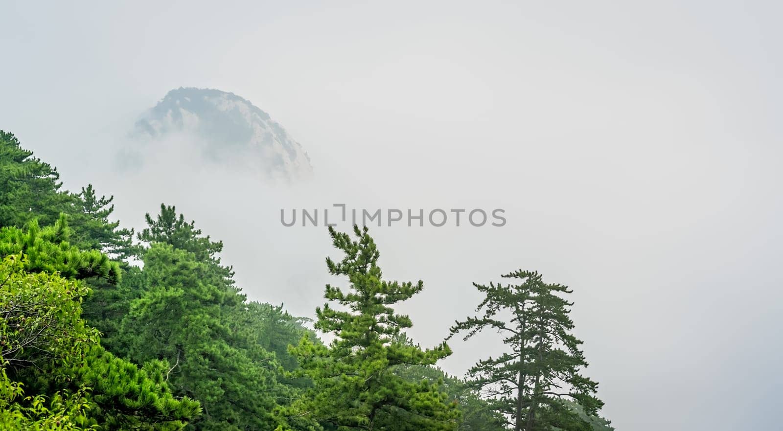 Panoramic view from the trail to the South Peak summit of the inspiring, sacred and majestic Huashan mountain, famous tourist attraction, Shaanxi province, China