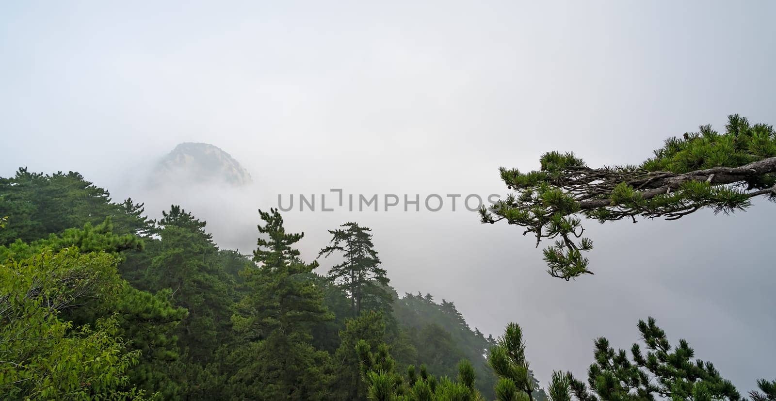 Panoramic view from the trail to the South Peak summit of the inspiring, sacred and majestic Huashan mountain, famous tourist attraction, Shaanxi province, China