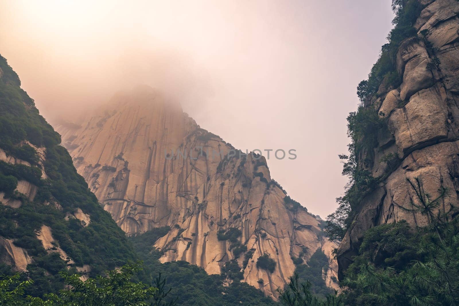 Vertical hillside of the inspiring, sacred and majestic Huashan mountain, famous tourist attractions, Shaanxi province, China