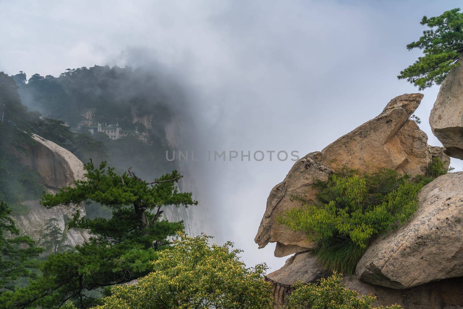 View of the stunning mountain landscape from the West Peak on Huashan mountain, Xian, Shaanxi Province, China