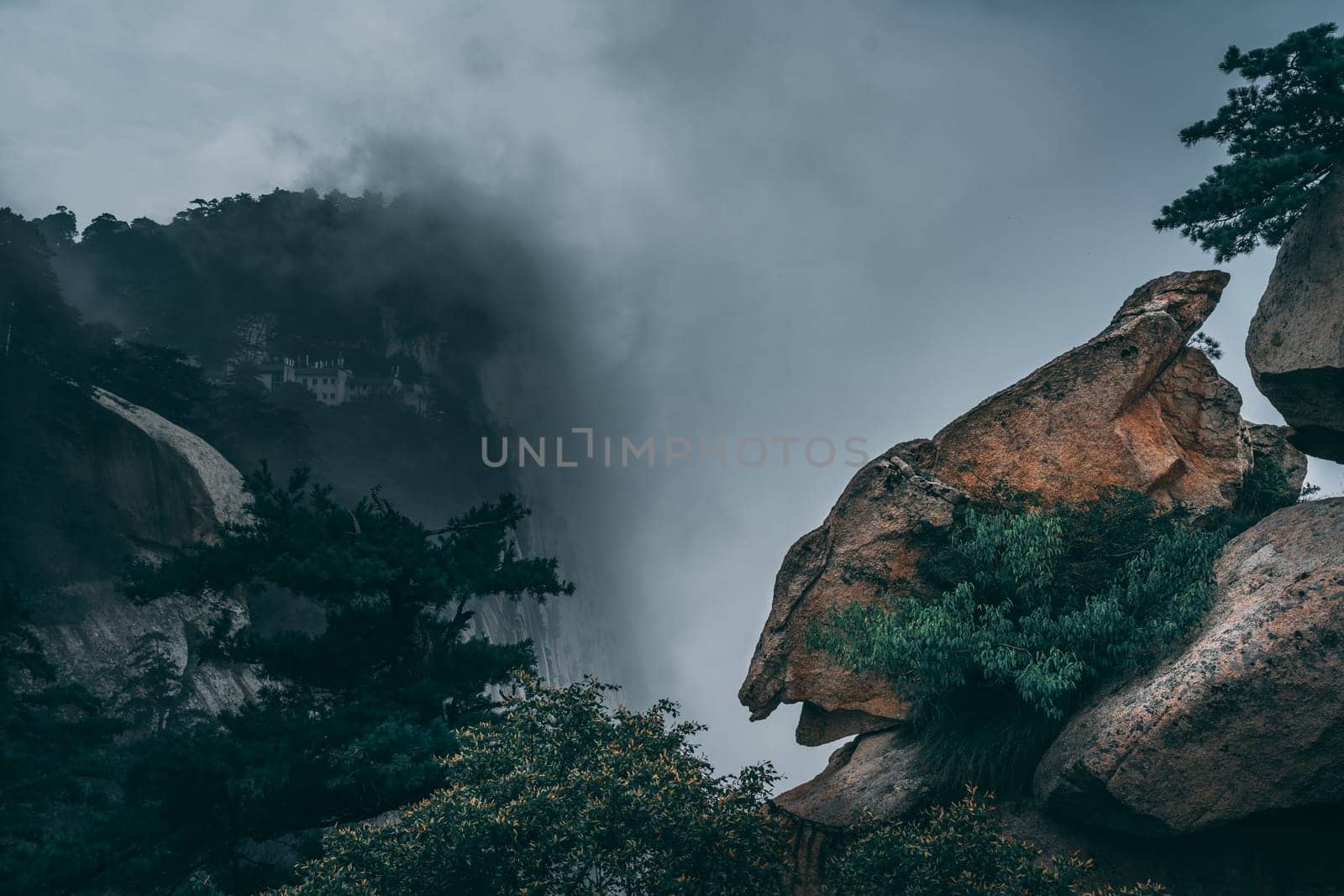 View of the stunning mountain landscape from the West Peak on Huashan mountain, Xian, Shaanxi Province, China