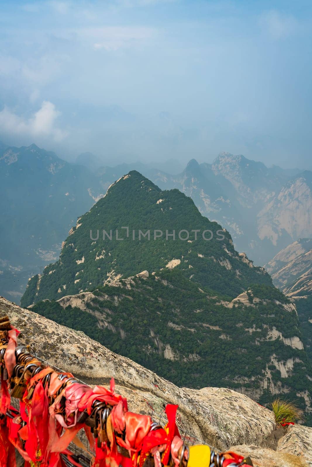 View of the stunning mountain landscape from the summit of West Peak on Huashan mountain, Xian, Shaanxi Province, China