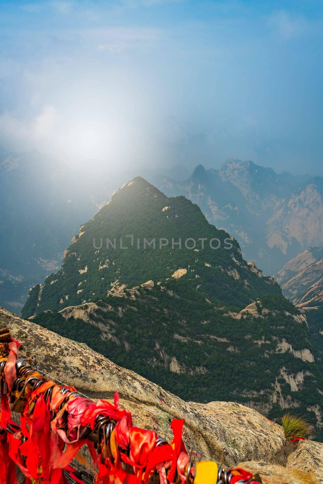 View of the stunning mountain landscape from the summit of West Peak on Huashan mountain, Xian, Shaanxi Province, China