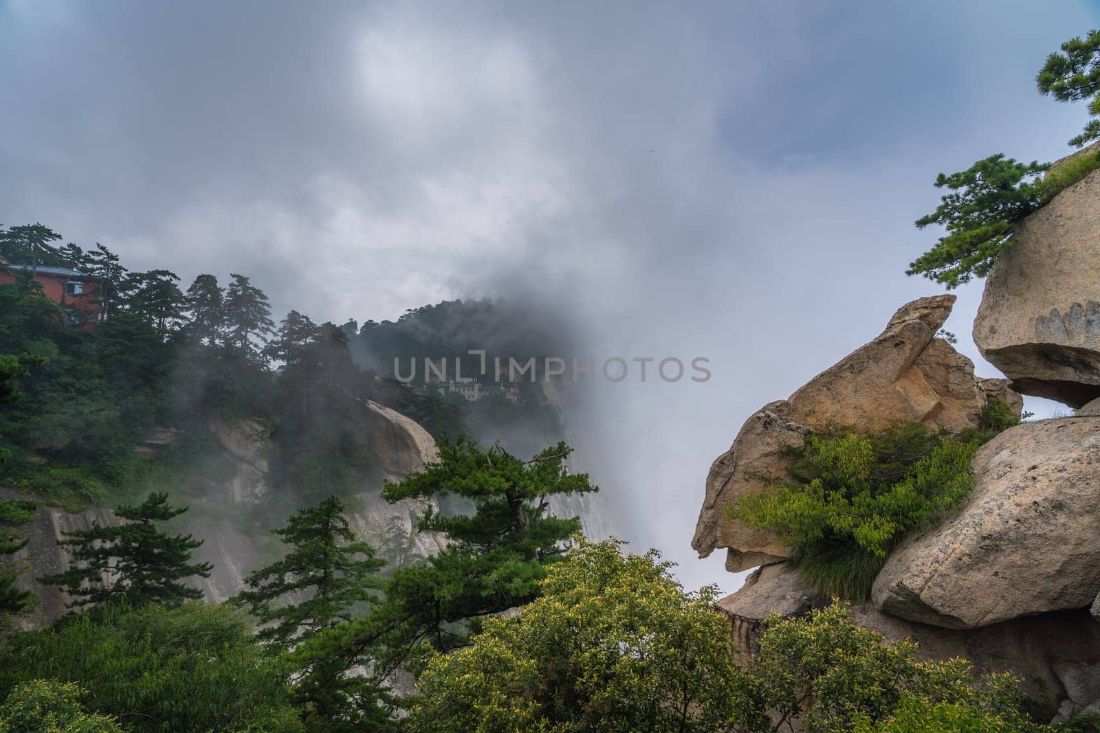 View of the stunning mountain landscape from the West Peak on Huashan mountain, Xian, Shaanxi Province, China