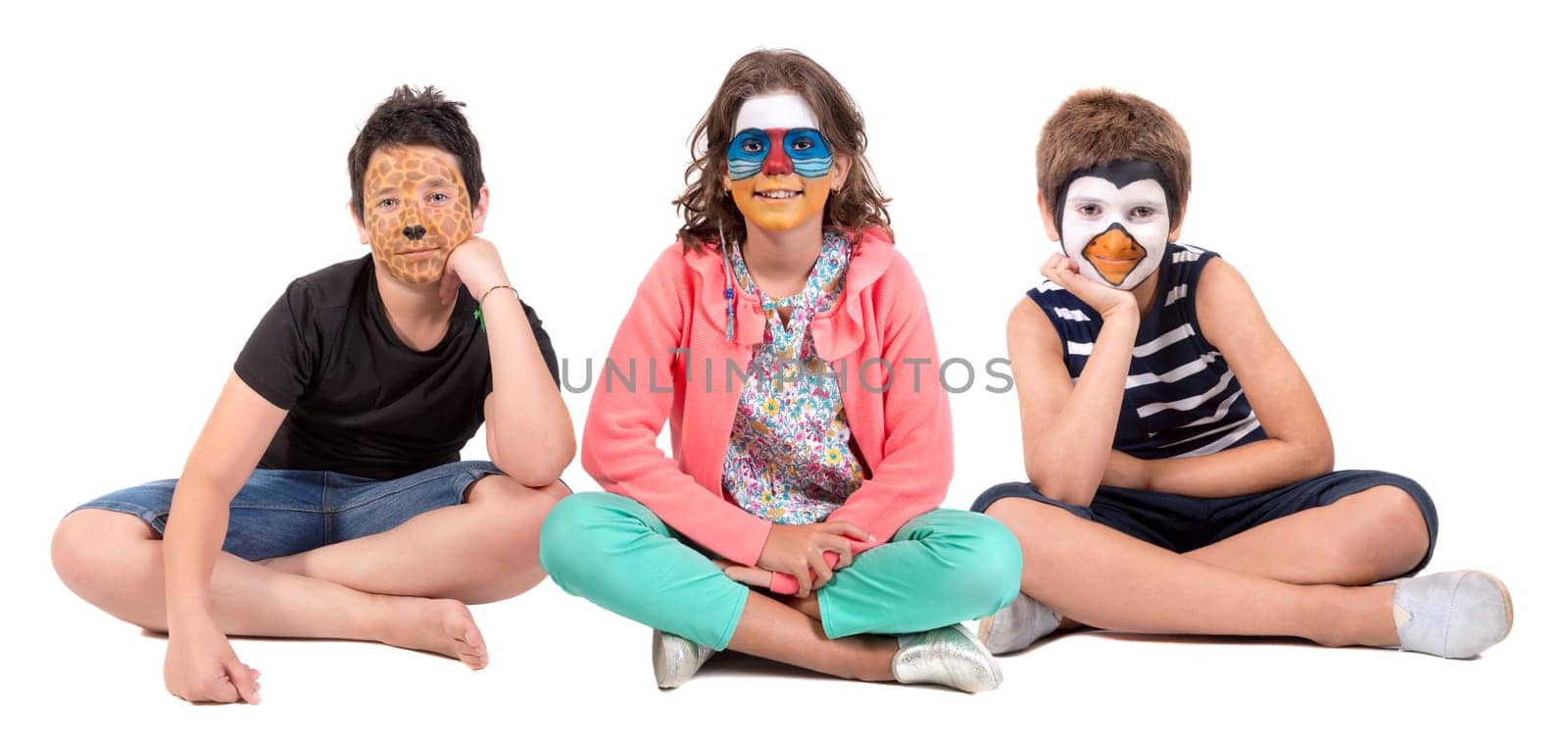 Children's group with animal face-paint isolated in white