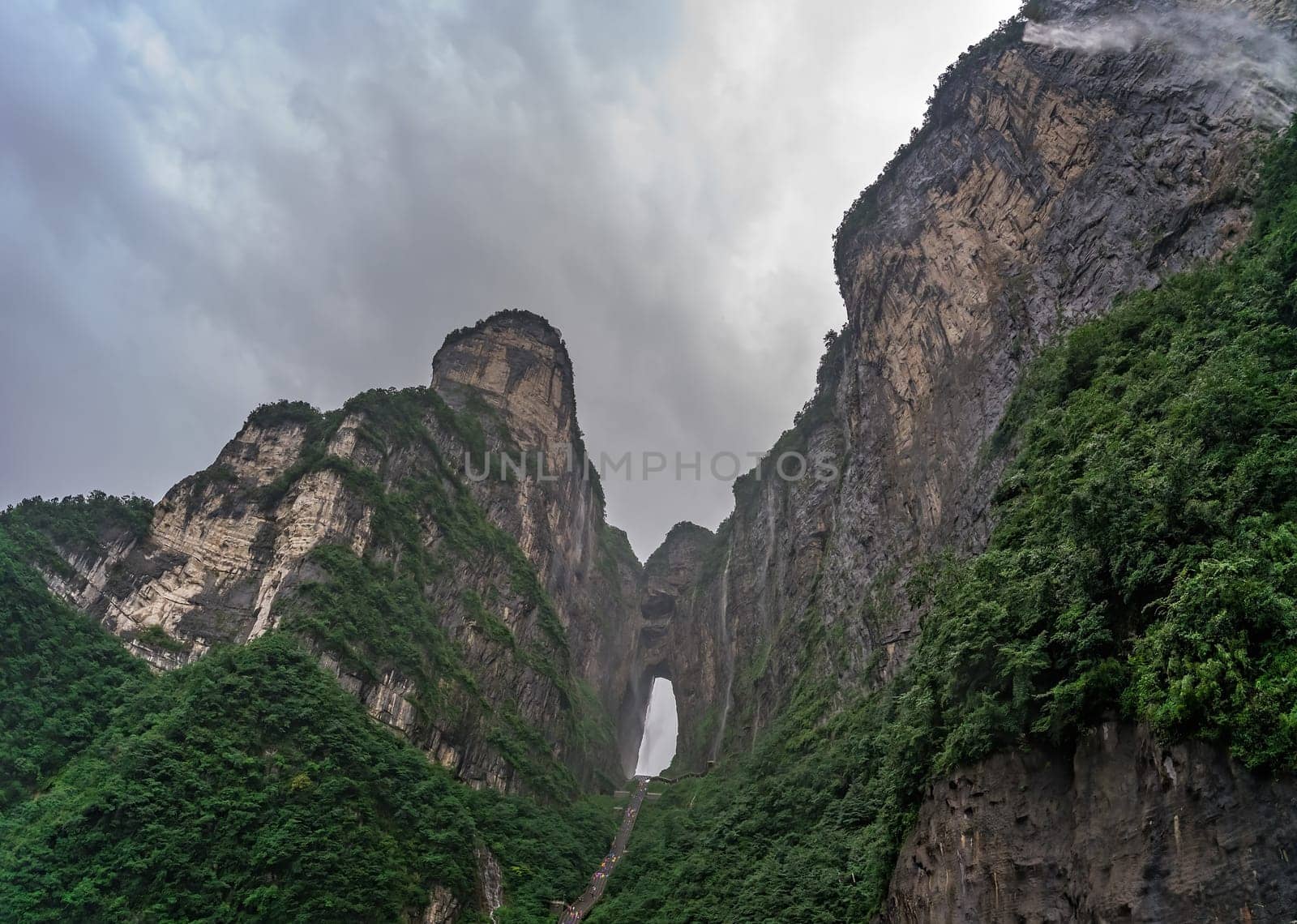 View of the holy sacred Tianmen Mountain on a rainy summer day, the Zhangjiajie National Park, Hunan Province, China