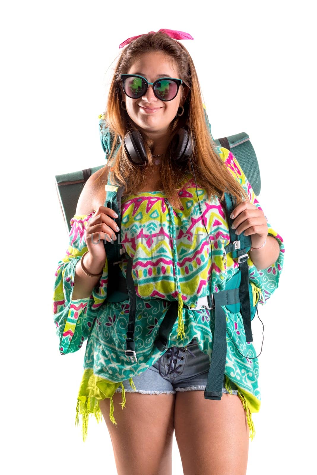 Happy hiker girl with backpack isolated in white, trekking and travel lifestyle concept