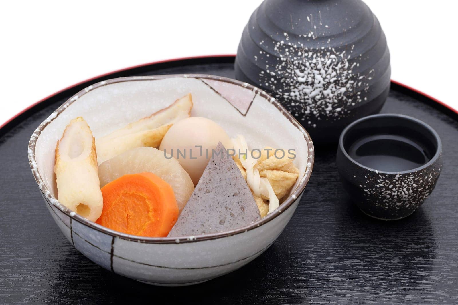 Japanese food, Oden in a ceramic bowl on wooden tray