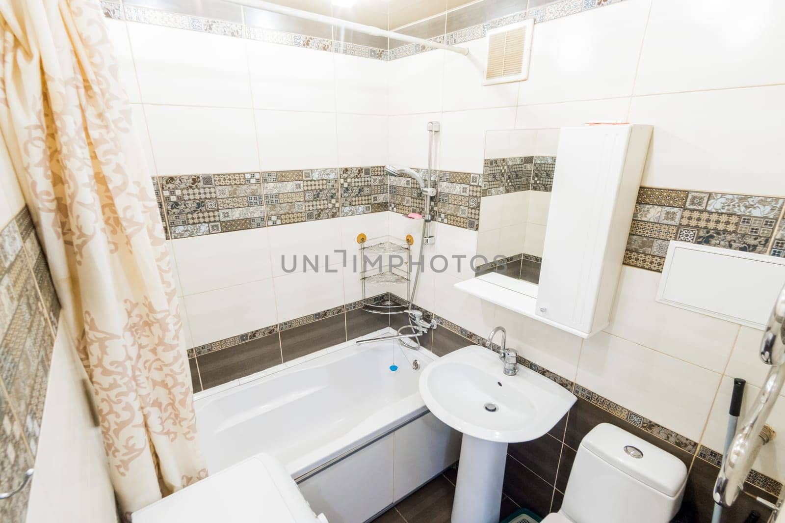 Russia, Moscow- July 08, 2019: interior room apartment. standard repair decoration in hostel. bathroom and toilet