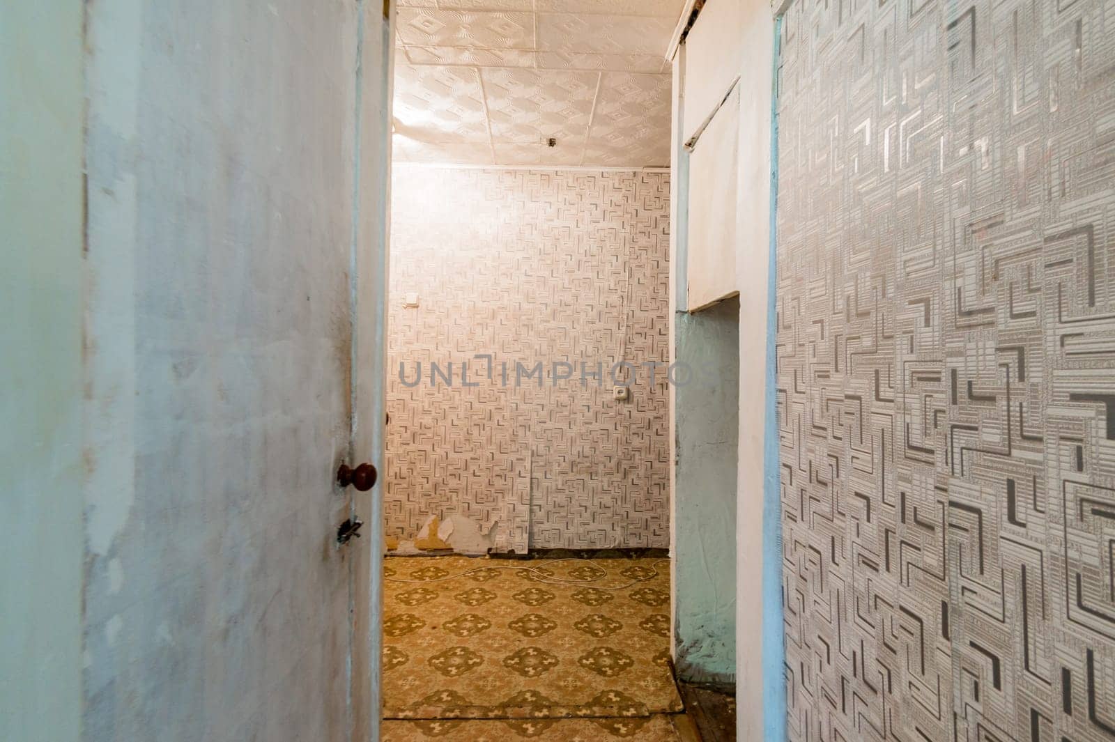 Russia, Moscow- July 08, 2019: interior room apartment. standard repair decoration in hostel. old not modern decor