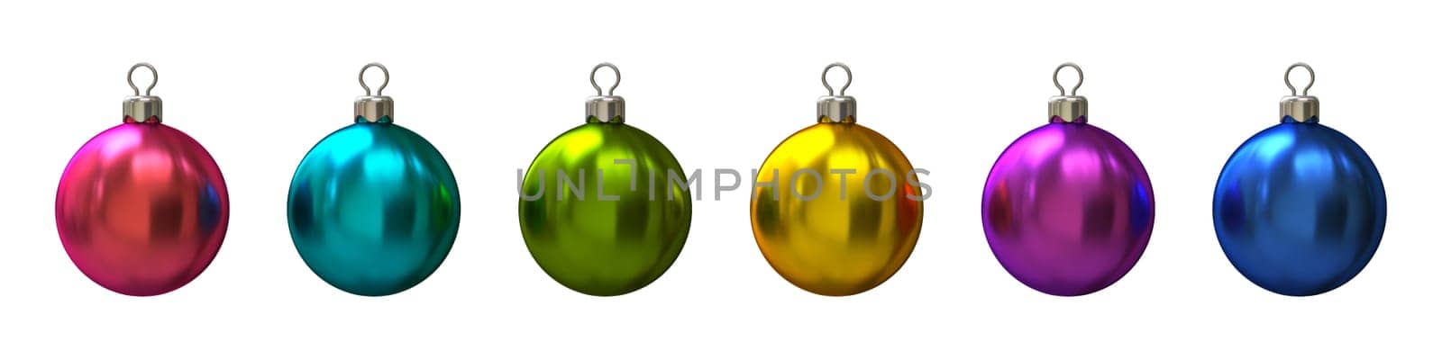 Set of six colorful Christmas balls 3D render illustration isolated on white background