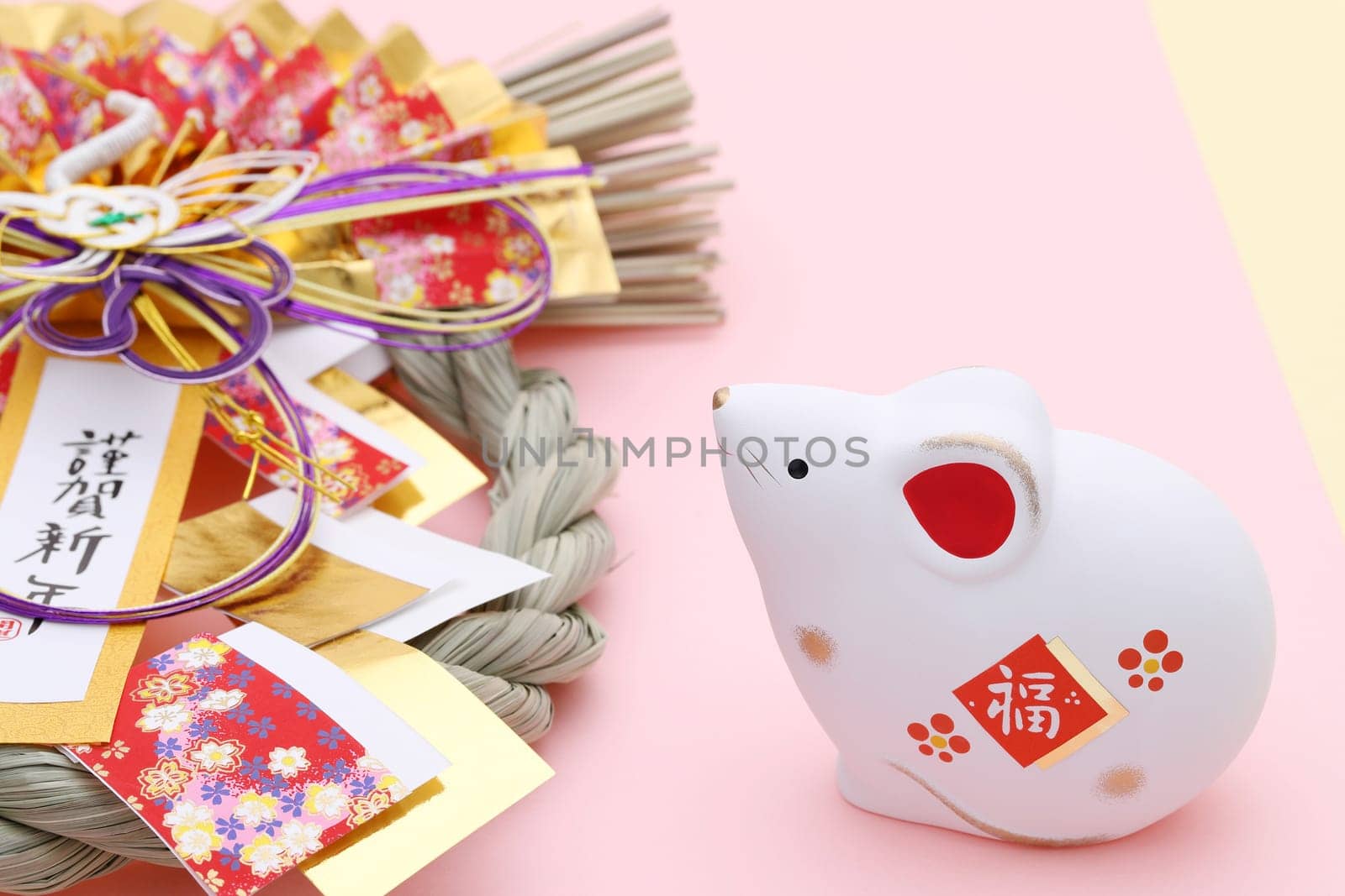 Dolls of Nezumi Mouse. Japanese new year card. Japanese new year Mouse object. Japanese word of this photography means "celebration and new year"""