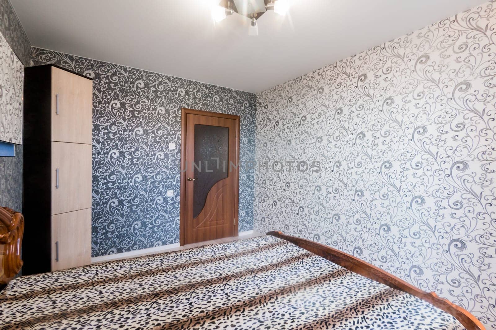 Russia, Moscow- July 16, 2019: interior room apartment. standard repair decoration in hostel. bedroom with bed