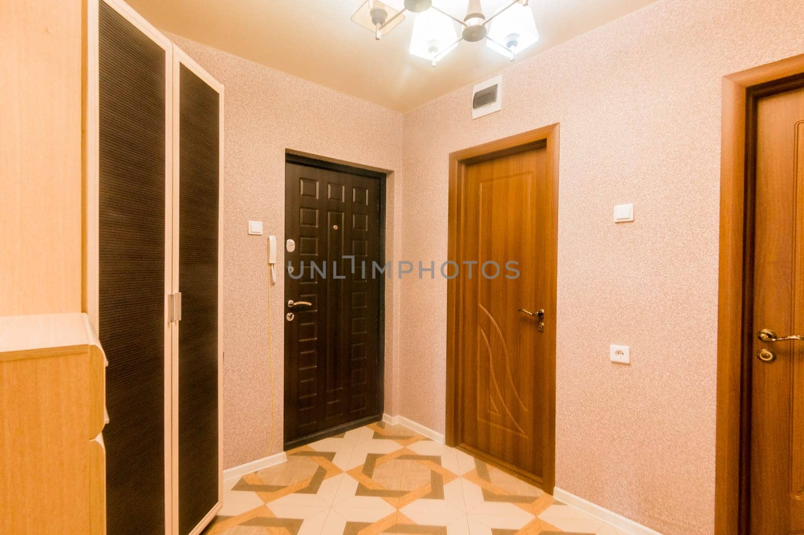 Russia, Moscow- July 16, 2019: interior room apartment. standard repair decoration in hostel. room doors, repair corridor