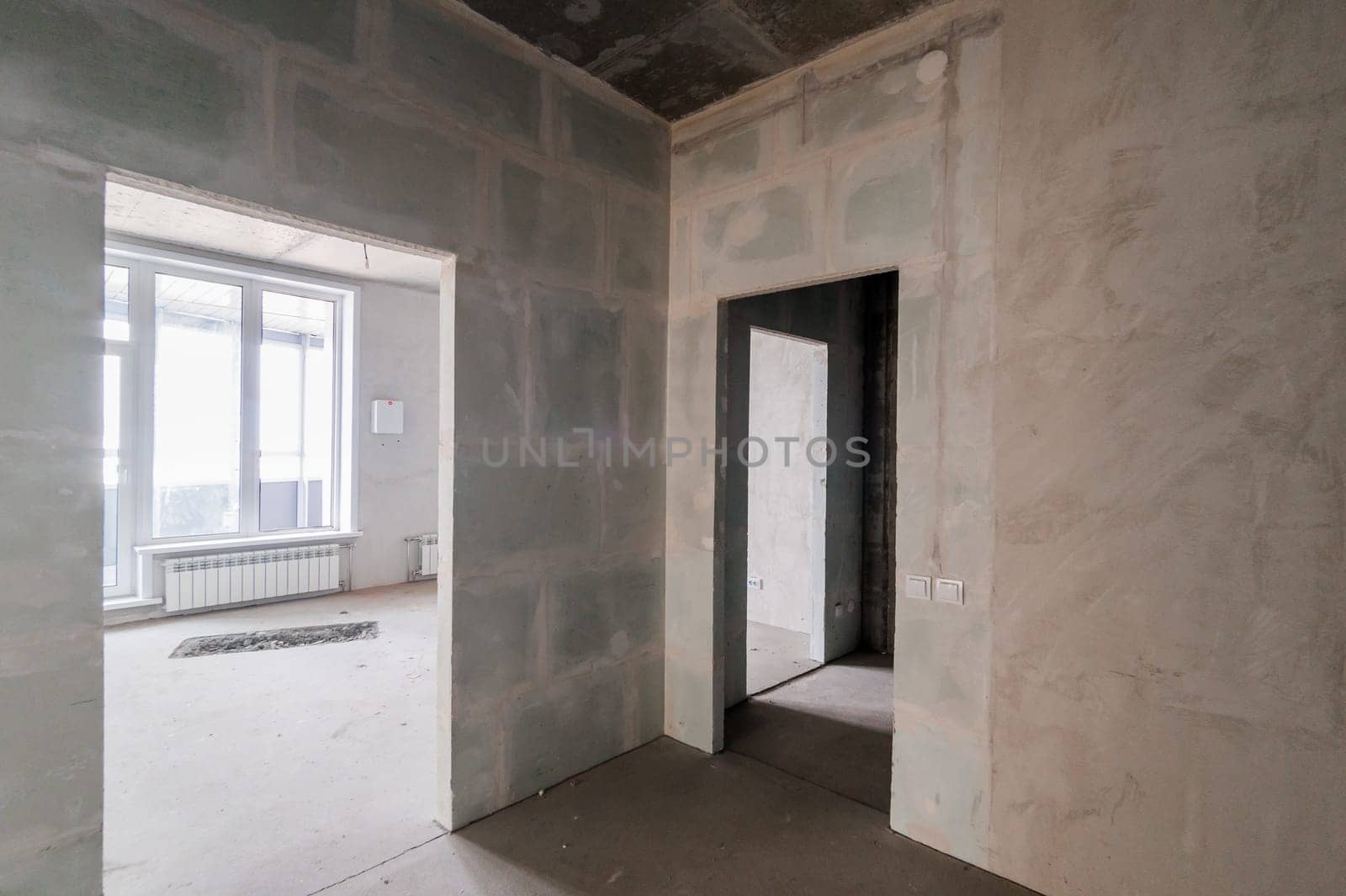 Russia, Moscow- July 16, 2019: interior room. rough repair for self-finishing. interior decoration, bare walls of the room, stage of construction