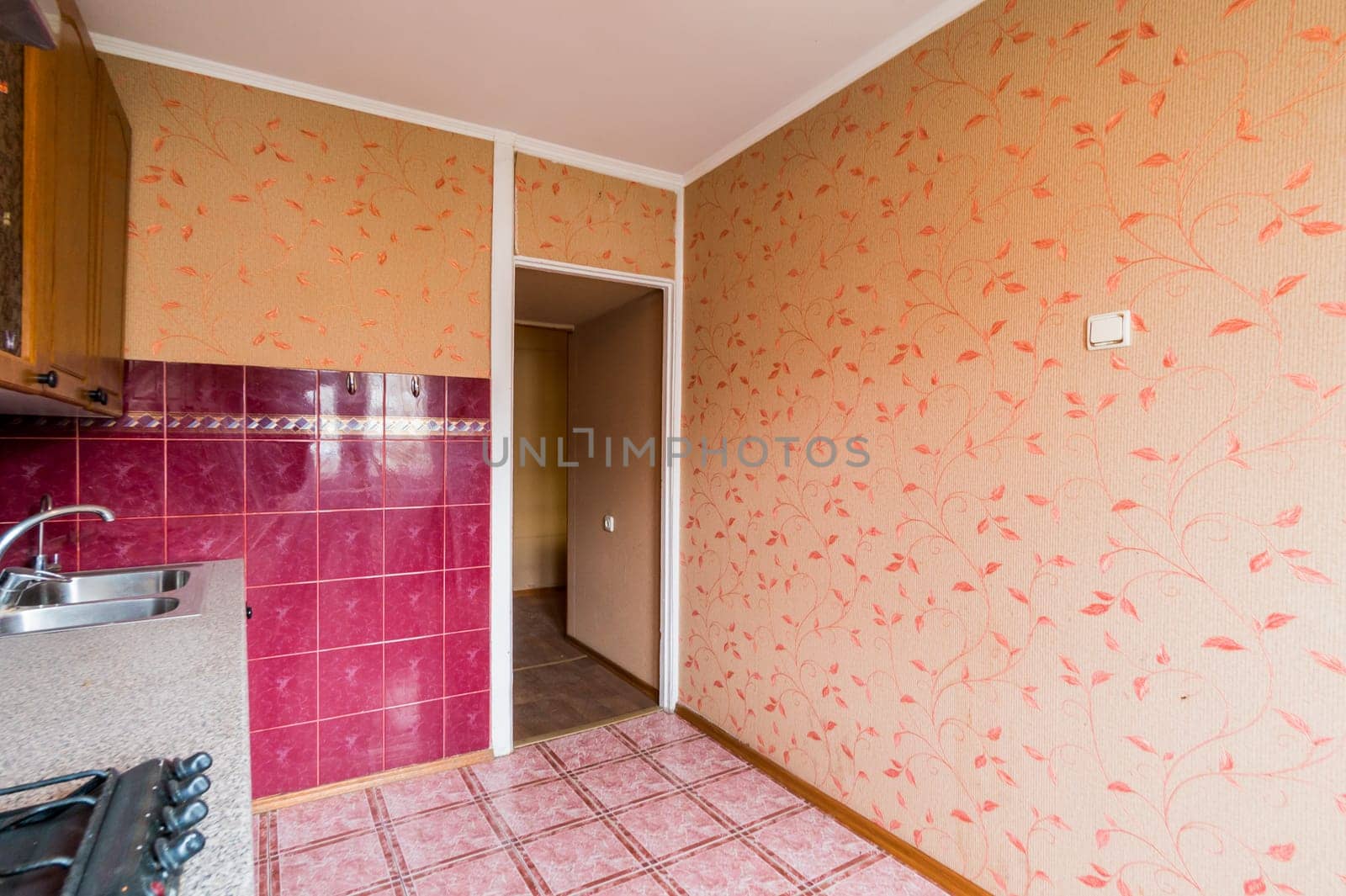 Russia, Moscow- July 16, 2019: interior room apartment. standard repair decoration in hostel. kitchen, dining area